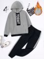 SHEIN Boys' Casual Front & Middle English Letter Printed Hoodie With Side Color Block Detail Knitted Pants Set