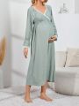 Maternity Contrast Lace Flounce Sleeve Overlap Collar Nightdress