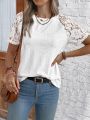 Round Neck Short Sleeve T-Shirt With Lace Patchwork