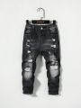 SHEIN Toddler Boys' Casual Mid-waist Ripped Skinny Jeans With Irregular Cut-outs