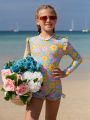 Tween Girls' Flower Print Ruffle Trimmed One-Piece Swimsuit With Decorated Edges