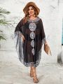 SHEIN Swim BohoFeel Plus Size One Piece Batwing Sleeve Perspective Cover Up Dress