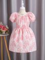 SHEIN Kids CHARMNG Little Girls' Romantic & Gorgeous Floral Print Bubble Sleeve A-Line Party Dress For Spring/Summer