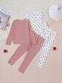 SHEIN Young Girl Knitted Solid Color Top And Pants Set With Ruffle Collar, 2pcs Homewear