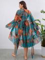 Plus Tropical Print Ruffle Trim Belted Kimono