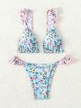 SHEIN Swim Mod Small Floral Print Ruffled Bralette Bikini Set With High Waisted Bottoms