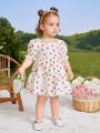 SHEIN Baby Girls' Summer Holiday Bubble Sleeve Dress With Floral Pattern