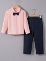 SHEIN Kids FANZEY Boy'S Fitted Butterfly Tie Long-Sleeved Shirt And Trousers Two-Piece Gentleman'S Suit