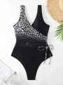 SHEIN Swim Chicsea Gradient Leopard Print Wrap & Tie Design One Piece Swimsuit