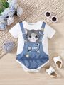 Baby Girls' Fashionable Casual Bib Cat Jumpsuit With Print Design, False Two Pieces