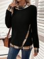 Contrast Plaid Trim Cowl Neck Sweatshirt