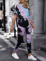 SHEIN LUNE Tie-Dye V-Neck T-Shirt And Pants Set