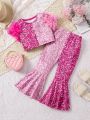 SHEIN Kids CHARMNG Young Girls' Imitation Pearl & Mesh Fashionable Sweet & Cool 2pcs/Set Outfit For Summer