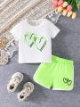 Baby Girl Heart Printed Short Sleeve T-Shirt And Shorts 2pcs/Set, Spring/Summer Comfortable,Casual,Cute, Sports, Outdoor, And Fashionable