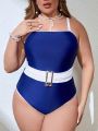 SHEIN Swim Chicsea Plus Size Women'S Color Block One Piece Swimsuit With Spaghetti Straps