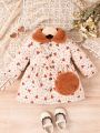 Baby Girl Floral Print Borg Collar Dress With Bag