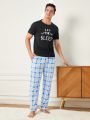 Men's Round Neck Black Short Sleeve Grid Print Long Pants Homewear Set