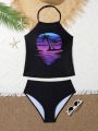 Teen Girls' Coconut Tree Printed Halter Top And Triangle Bottoms Swimsuit Fashionable Surfing Two-Piece Set