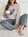 Plus Size Women'S Heart & Leopard Pattern Plush Long Sleeve Long Pants Home Suit