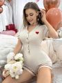 Heart Embroidery Contrast Binding Romper Shorts For Home Wear