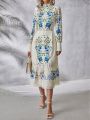 SHEIN VCAY Floral Print Lace Trimmed Long Sleeve Shirt Dress