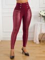 SHEIN Lady Women's Red Knitted Patchwork High Waisted Leggings