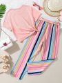 SHEIN Kids EVRYDAY Girls Rainbow & Letter Graphic Tee & Block Striped Belted Pants