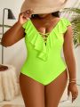 SHEIN Swim Basics Plus Size Solid Color Swimsuit With Ruffled Hem, Hollow Out Cross Design, Monokini