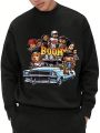 Men's Cartoon Character & Car Printed Drop Shoulder Sweatshirt