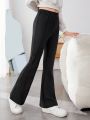 SHEIN Kids FANZEY Big Girls' Knitted Solid Color Slim Fit Elegant Flared Pants