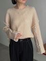 FRIFUL Women'S Round Neck Hollow Out Stripe Drop Shoulder Sweater