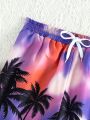 Teenage Boys' Coconut Tree Pattern Drawstring Swim Shorts