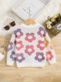 SHEIN Young Girls Floral Pattern Fluffy Knit Sweater