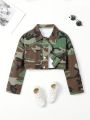 Tween Girl Camo Print Flap Pocket Crop Denim Jacket Without Tee