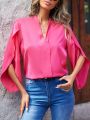 Solid Color Shirt With Petal Sleeves And Notched Neckline