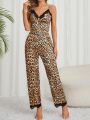 Ladies' Leopard Print Patchwork Lace Pajama Set