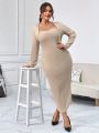 SHEIN Privé Queen Anne Collar Ribbed Plus Size Dress With Square Neckline