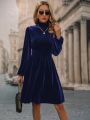 Mock Neck Lantern Sleeve Velvet Dress