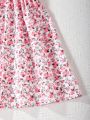 2pcs Tween Girls' Short Puff Sleeve Top With Asymmetrical Hem And Floral Printed Sleeveless Dress Set