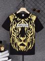 SHEIN Kids EVRYDAY Boys' Tiger Printed Fashionable Casual Round Neck Short Sleeve T-Shirt