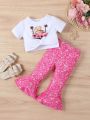 2pcs Baby Girl Valentine's Day Bear, Car Print Short Sleeve T-Shirt And Long Pants Summer Outfit