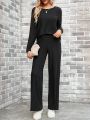 SHEIN LUNE Solid Color Drop Shoulder Knit Top & Pants Set