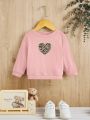 SHEIN Baby Girls' Leopard Print Heart Embroidery Round Neck Long Sleeve Sweatshirt