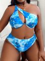 SHEIN Slayr Summer Beach Plus Marble Print One Shoulder Underwire Bikini Set