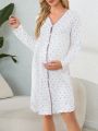 Maternity Floral Printed Colorblock Nightgown With Lace Trim