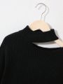 SHEIN Tween Girl Loose Fit High Neck One Shoulder Exposed Long Sleeve Sweater Casual Style