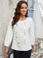 EMERY ROSE Floral Embroidery & Button Decorated Blouse