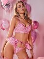 Women'S Valentine'S Day Embroidered Mesh Sexy Lingerie Set