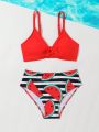 Tween Girls' Solid Color Top, Striped Watermelon Printed Bottoms, Swimsuit Set