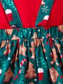 Young Girl Christmas Print Bow Front Suspender Skirt & Ruffle Trim Tee